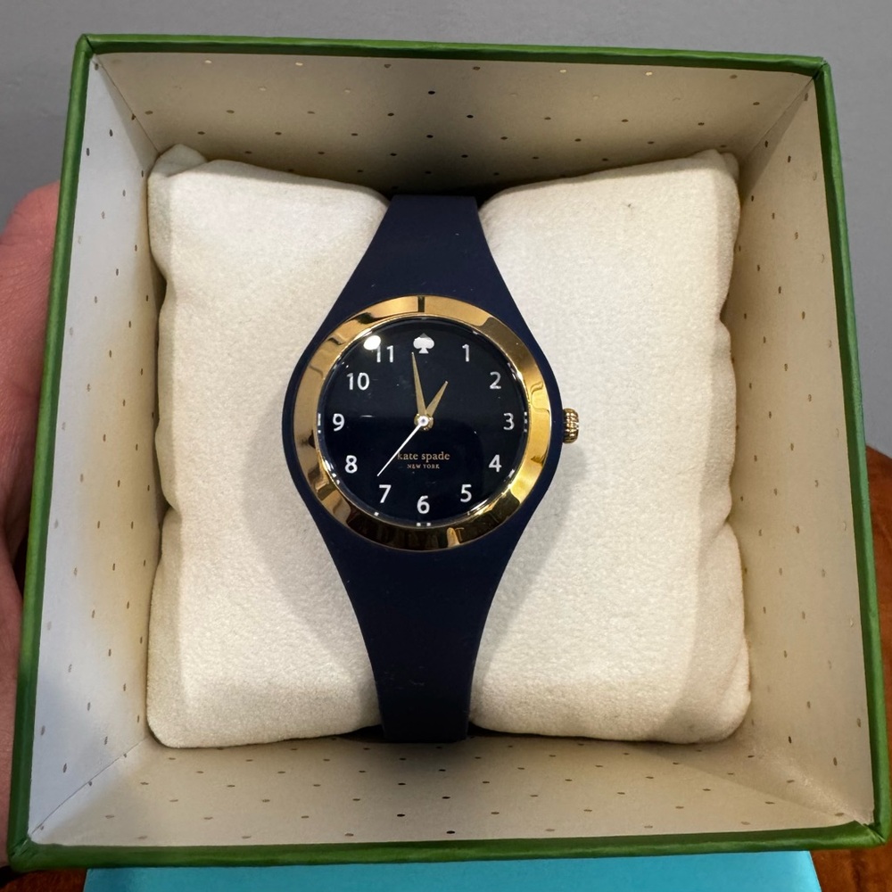 kate spade women’s watch, gold tone with navy blue silicone strap